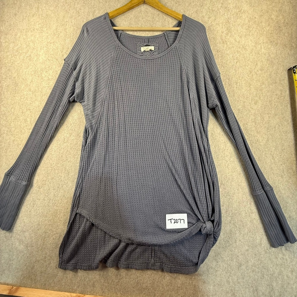Cupio Blush Womens Large Blue Gray Waffle Knit Ribbed Side Knot Long Sleeve Top